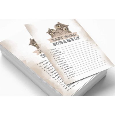 Conjunto com 50 Jogos para Chá de Bebê Jogo Alfabeto ABC Coruja Pássaro Suprimentos para Festa - Inkdotpot 12,7 Cm × 17,78 Cm / Marrom - Jogo de Palavras do Bebê