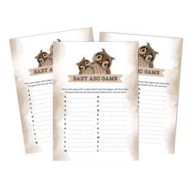 Conjunto com 50 Jogos para Chá de Bebê Jogo Alfabeto ABC Coruja Pássaro Suprimentos para Festa - Inkdotpot 12,7 Cm × 17,78 Cm / Marrom - Jogo de Palavras do Bebê