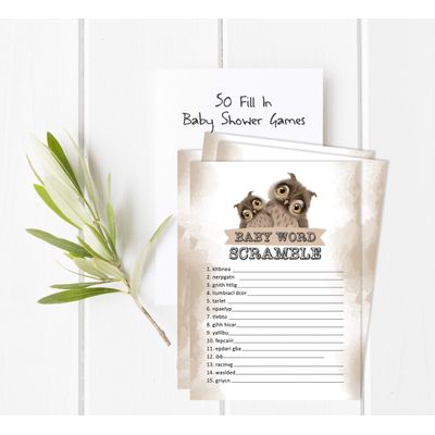 Conjunto com 50 Jogos para Chá de Bebê Jogo Alfabeto ABC Coruja Pássaro Suprimentos para Festa - Inkdotpot 12,7 Cm × 17,78 Cm / Marrom - Jogo de Palavras do Bebê