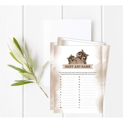 Conjunto com 50 Jogos para Chá de Bebê Jogo Alfabeto ABC Coruja Pássaro Suprimentos para Festa - Inkdotpot 12,7 Cm × 17,78 Cm / Marrom - Jogo de Palavras do Bebê