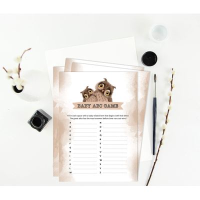 Conjunto com 50 Jogos para Chá de Bebê Jogo Alfabeto ABC Coruja Pássaro Suprimentos para Festa - Inkdotpot 12,7 Cm × 17,78 Cm / Marrom - Jogo de Palavras do Bebê