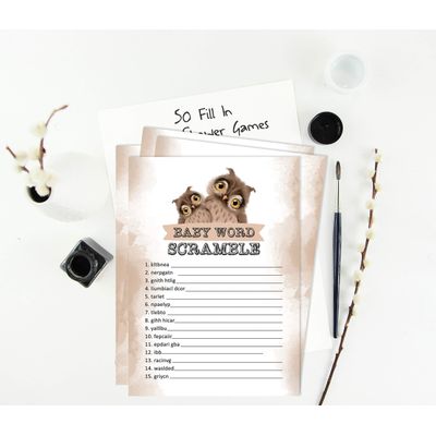 Conjunto com 50 Jogos para Chá de Bebê Jogo Alfabeto ABC Coruja Pássaro Suprimentos para Festa - Inkdotpot 12,7 Cm × 17,78 Cm / Marrom - Jogo de Palavras do Bebê