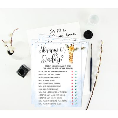 Conjunto com 50 Jogos para Chá de Bebê, Jogo Alfabeto ABC com Girafa e Animais da Selva, Suprimentos para Festa - Inkdotpot 12,7 Cm × 17,78 Cm / Azul - Quem Disse Isso: Mamãe ou Papai?