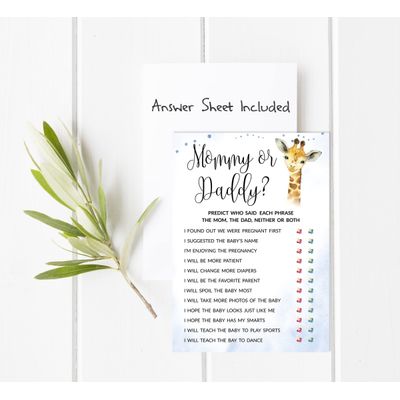 Conjunto com 50 Jogos para Chá de Bebê, Jogo Alfabeto ABC com Girafa e Animais da Selva, Suprimentos para Festa - Inkdotpot 12,7 Cm × 17,78 Cm / Azul - Quem Disse Isso: Mamãe ou Papai?