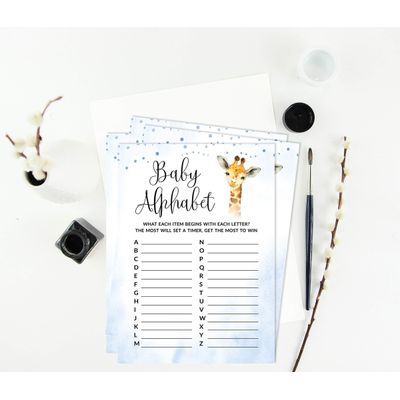 Conjunto com 50 Jogos para Chá de Bebê, Jogo Alfabeto ABC com Girafa e Animais da Selva, Suprimentos para Festa - Inkdotpot 12,7 Cm × 17,78 Cm / Azul - Quem Disse Isso: Mamãe ou Papai?