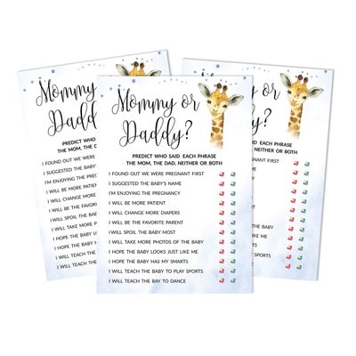 Conjunto com 50 Jogos para Chá de Bebê, Jogo Alfabeto ABC com Girafa e Animais da Selva, Suprimentos para Festa - Inkdotpot 12,7 Cm × 17,78 Cm / Azul - Quem Disse Isso: Mamãe ou Papai?