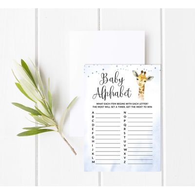 Conjunto com 50 Jogos para Chá de Bebê, Jogo Alfabeto ABC com Girafa e Animais da Selva, Suprimentos para Festa - Inkdotpot 12,7 Cm × 17,78 Cm / Azul - Quem Disse Isso: Mamãe ou Papai?