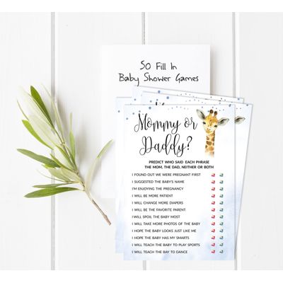 Conjunto com 50 Jogos para Chá de Bebê, Jogo Alfabeto ABC com Girafa e Animais da Selva, Suprimentos para Festa - Inkdotpot 12,7 Cm × 17,78 Cm / Azul - Quem Disse Isso: Mamãe ou Papai?