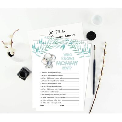 Conjunto com 50 Jogos para Chá de Bebê, Jogo Alfabeto do Bebê ABC com Elefante, Unissex, Suprimentos para Festa - Inkdotpot 12,7 Cm × 17,78 Cm / Branco - Quiz da Mamãe