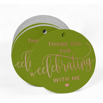 Etiquetas de Papel Penduradas para Lembrancinhas de Aniversário 'Obrigado por Celebrar Comigo' com Foil - Inkdotpot 50 Etiquetas Metalizadas / Verde - Ouro Rosé