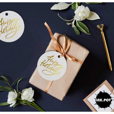 Etiquetas de Papel Happy Holiday para Lembrancinhas com Foil Metalizado para Pendurar - Inkdotpot 50 Etiquetas Metalizadas / Branco - Ouro Rosé