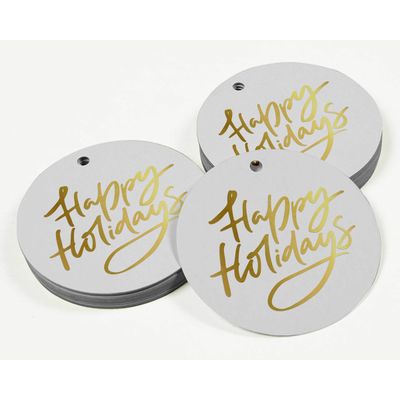 Etiquetas de Papel Happy Holiday para Lembrancinhas com Foil Metalizado para Pendurar - Inkdotpot 50 Etiquetas Metalizadas / Branco - Ouro Rosé