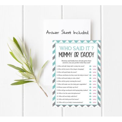 Jogo Divertido 'Mamãe ou Papai: Quem Disse?' É Menino, É Menina - Conjunto Chevron com 50 Cartões para Chá de Bebê - Inkdotpot 12,7 Cm × 17,78 Cm / Branco