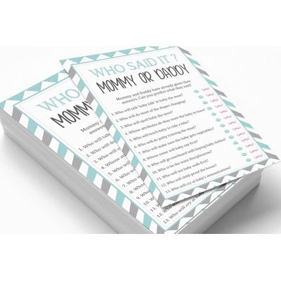 Jogo Divertido 'Mamãe ou Papai: Quem Disse?' É Menino, É Menina - Conjunto Chevron com 50 Cartões para Chá de Bebê - Inkdotpot 12,7 Cm × 17,78 Cm / Branco