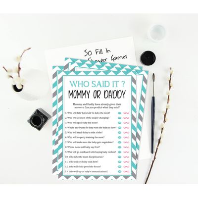 Jogo Divertido 'Mamãe ou Papai: Quem Disse?' É Menino, É Menina - Conjunto Chevron com 50 Cartões para Chá de Bebê - Inkdotpot 12,7 Cm × 17,78 Cm / Branco