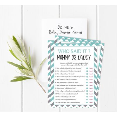 Jogo Divertido 'Mamãe ou Papai: Quem Disse?' É Menino, É Menina - Conjunto Chevron com 50 Cartões para Chá de Bebê - Inkdotpot 12,7 Cm × 17,78 Cm / Branco