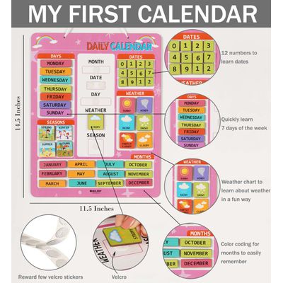 Meu Primeiro Calendário de Parede Pré-Escolar, Mês/Data/Dia/Clima/Estação (42 Peças), Calendário Educacional, 37x29 cm - Rosa - Inkdotpot 36,83 Cm × 29,21 Cm / Rosa