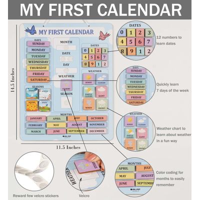 Meu Primeiro Painel de Calendário Pré-Escola (Parede/Sala de Aula) Mês/Data/Dia/Clima/Estação, 42 Peças, 37 x 29 cm - Inkdotpot 36,83 Cm × 29,21 Cm / Azul