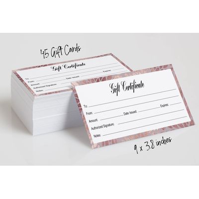 Certificados de Presente em Branco com Flor Ouro Rosé para Negócios, Restaurantes e Casamentos, 45 Cupons, 22,9 x 9,7 cm - Inkdotpot 22,86 Cm × 9,65 Cm / Branco