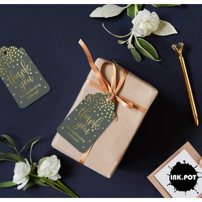 Tags de Papel 'Obrigado por Comemorar Comigo' para Lembrancinha de Aniversário, Foil Artesanal para Pendurar - Inkdotpot 50 Etiquetas Metalizadas / Cinza - Dourado