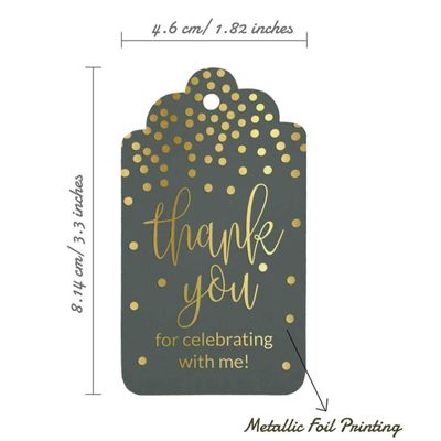 Tags de Papel 'Obrigado por Comemorar Comigo' para Lembrancinha de Aniversário, Foil Artesanal para Pendurar - Inkdotpot 50 Etiquetas Metalizadas / Cinza - Dourado
