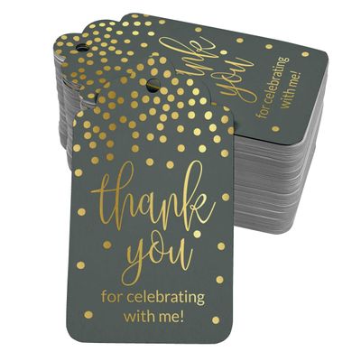 Tags de Papel 'Obrigado por Comemorar Comigo' para Lembrancinha de Aniversário, Foil Artesanal para Pendurar - Inkdotpot 50 Etiquetas Metalizadas / Cinza - Dourado