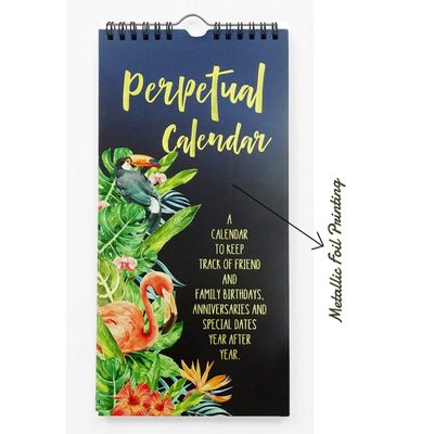 Calendário Perpétuo de Parede, Pássaros Tropicais e Folhagens, Estampa Dourada, Lembrete de Aniversário, Planner/Cartão - Inkdotpot 27,94 Cm × 13,72 Cm / Azul