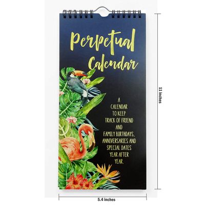 Calendário Perpétuo de Parede, Pássaros Tropicais e Folhagens, Estampa Dourada, Lembrete de Aniversário, Planner/Cartão - Inkdotpot 27,94 Cm × 13,72 Cm / Azul