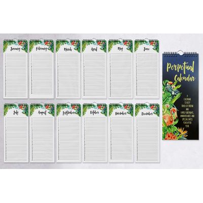 Calendário Perpétuo de Parede, Pássaros Tropicais e Folhagens, Estampa Dourada, Lembrete de Aniversário, Planner/Cartão - Inkdotpot 27,94 Cm × 13,72 Cm / Azul
