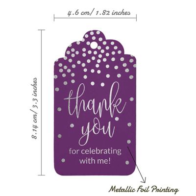 Tags de Papel 'Obrigado por Comemorar Comigo' para Lembrancinha de Aniversário, Foil Artesanal para Pendurar - Inkdotpot 50 Etiquetas Metalizadas / Roxo - Prata