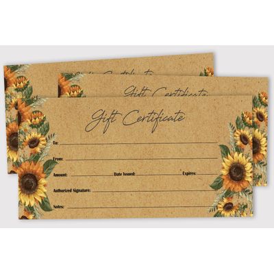 Vale-Presente Vazios Kraft Rústico Girassol para Feriado/Aniv./Negócios/Rest./Spa/Salão/Casamento 45 Cupons DIY - 21,6x8,9 cm - Inkdotpot 21,59 Cm × 8,89 Cm / Marrom