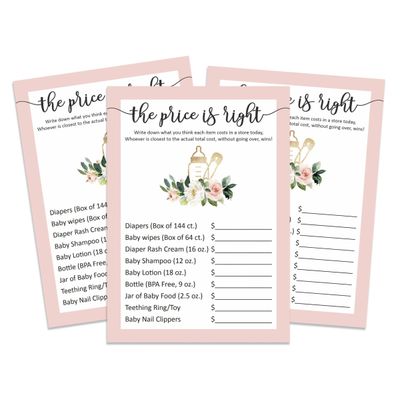 Jogo O Preço Certo para Chá de Bebê para Menina, Kit de Jogos, Atividades e Decorações Tema Unicórnio - Pacote com 50 - Inkdotpot 12,7 Cm × 17,78 Cm / Branco