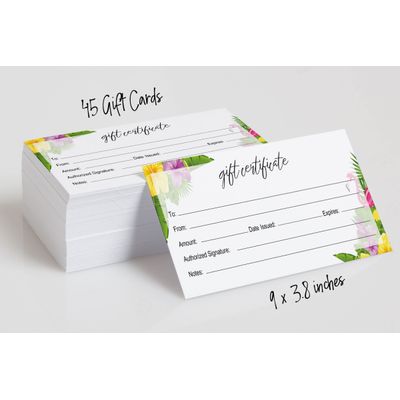 Certificados de Presente Tropicais em Branco — 45 Unid. para Negócios, Restaurantes, Spa, Salão, Casamento — 23 x 9,7 cm - Inkdotpot 22,86 Cm × 9,65 Cm / Branco