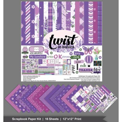 Twist in Basics Kit de Papel Cartão Dupla Face Scrapbook 30,5 cm x 30,5 cm com Folha Adesiva - 16 Páginas - Lavanda e Lilases - Inkdotpot 30,48 Cm × 30,48 Cm / Roxo