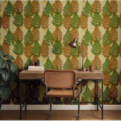 Papel de Parede Autoadesivo Folhas de Samambaia, Vinil Impermeável Amarelo, Removível, para Inquilinos, Quarto/Sala de Jantar - S4Sassy 63,5 cm (L) × 609,6 cm (C) / Amarelo - Vinil Liso