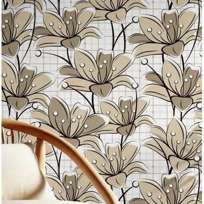 Papel de Parede Vinílico Autoadesivo Removível Inspirado na Natureza, À Prova d'Água, Mosaico Abstrato de Lírio, Bege - S4Sassy 63,5 cm (L) × 914,4 cm (C) / Bege - Vinil Texturizado