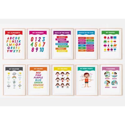 Traceease 10 Cartazes Laminados para Sala de Aula e Ensino em Casa Pré-Escolar, Alfabeto, Números, Emoções, Cores, Partes do Corpo - S4Sassy 27,94 Cm × 43,18 Cm / Multicolorido