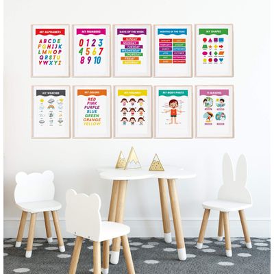 Traceease 10 Cartazes Laminados para Sala de Aula e Ensino em Casa Pré-Escolar, Alfabeto, Números, Emoções, Cores, Partes do Corpo - S4Sassy 27,94 Cm × 43,18 Cm / Multicolorido