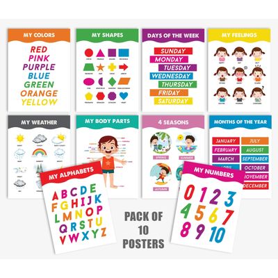 Traceease 10 Cartazes Laminados para Sala de Aula e Ensino em Casa Pré-Escolar, Alfabeto, Números, Emoções, Cores, Partes do Corpo - S4Sassy 27,94 Cm × 43,18 Cm / Multicolorido