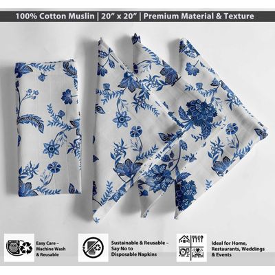 Guardanapos de Musselina de Algodão Branca com Estampa Floral Azul Elegante - Jogo 12 51x51 cm Textura Xadrez, Lavável à Máquina - Vargottam 50,8 Cm × 50,8 Cm – Pacote Com 12 Peças / Azul