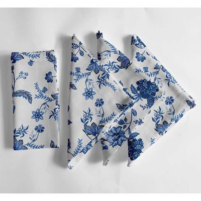 Guardanapos de Musselina de Algodão Branca com Estampa Floral Azul Elegante - Jogo 12 51x51 cm Textura Xadrez, Lavável à Máquina - Vargottam 50,8 Cm × 50,8 Cm – Pacote Com 12 Peças / Azul
