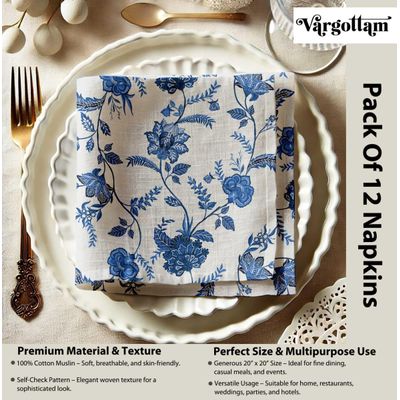Guardanapos de Musselina de Algodão Branca com Estampa Floral Azul Elegante - Jogo 12 51x51 cm Textura Xadrez, Lavável à Máquina - Vargottam 50,8 Cm × 50,8 Cm – Pacote Com 12 Peças / Azul