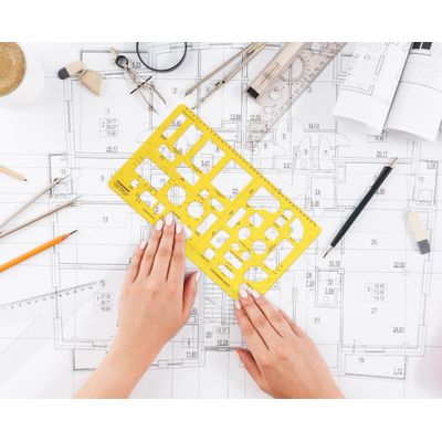 Traceease Estêncil Arquitetônico para Casas com Recortes de Mobiliário e Símbolos, Ferramenta Profissional, 25,4 cm x 15,2 cm - IBA Crafts Amarelo
