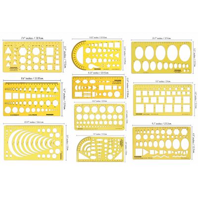 Traceease Estêncil Geométrico Multi-Padrões com Régua, Kit de Desenho para Escritório e Escola, 10 Peças - IBA Crafts Amarelo