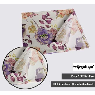 Guardanapos Designer de Algodão Canvas, Jogo 12, 51 cm, Estampa Bege com Pássaros, Duráveis e Absorventes, Laváveis à Máquina - Vargottam 50,8 Cm × 50,8 Cm – Pacote Com 12 Peças / Bege
