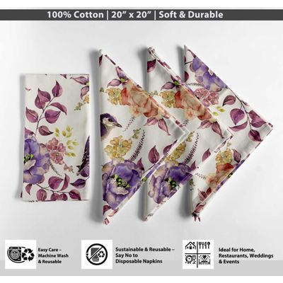 Guardanapos Designer de Algodão Canvas, Jogo 12, 51 cm, Estampa Bege com Pássaros, Duráveis e Absorventes, Laváveis à Máquina - Vargottam 50,8 Cm × 50,8 Cm – Pacote Com 12 Peças / Bege