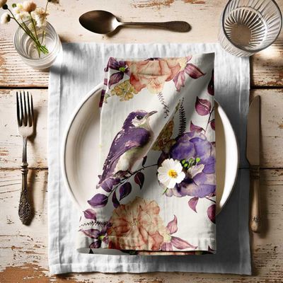 Guardanapos Designer de Algodão Canvas, Jogo 12, 51 cm, Estampa Bege com Pássaros, Duráveis e Absorventes, Laváveis à Máquina - Vargottam 50,8 Cm × 50,8 Cm – Pacote Com 12 Peças / Bege