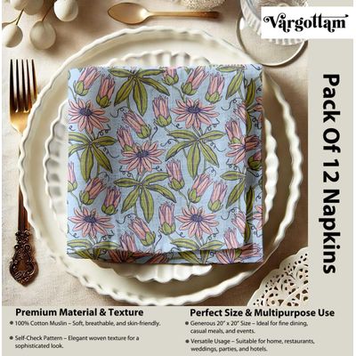 Guardanapos de Musselina de Algodão Azul com Estampa Bloom & Vine, 12 Unid., 51x51 cm, Textura Self-Check, Laváveis - Vargottam 50,8 Cm × 50,8 Cm – Pacote Com 12 Peças / Azul