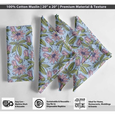 Guardanapos de Musselina de Algodão Azul com Estampa Bloom & Vine, 12 Unid., 51x51 cm, Textura Self-Check, Laváveis - Vargottam 50,8 Cm × 50,8 Cm – Pacote Com 12 Peças / Azul