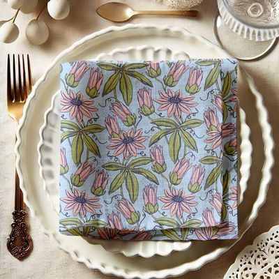 Guardanapos de Musselina de Algodão Azul com Estampa Bloom & Vine, 12 Unid., 51x51 cm, Textura Self-Check, Laváveis - Vargottam 50,8 Cm × 50,8 Cm – Pacote Com 12 Peças / Azul
